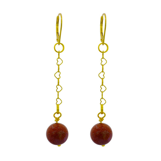 Brown Goldstone and Yellow Gold Vermeil Earrings, Heart Chain Earrings, Bloom Collection | by nlanlaVictory